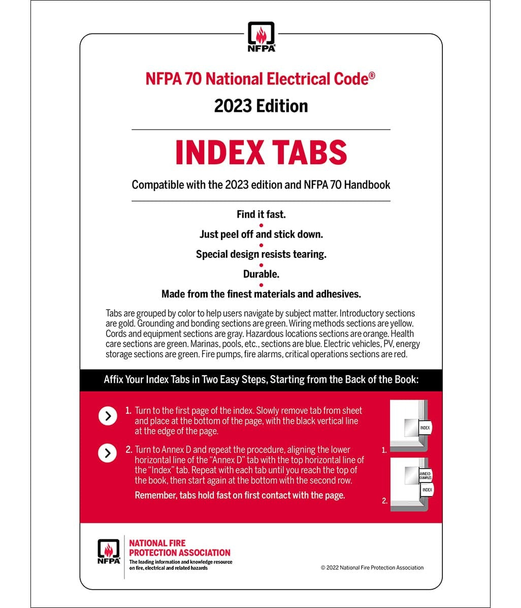 NFPA 70 National Electrical Code 2023 Edition Index Tabs packaging with text and NFPA logo.